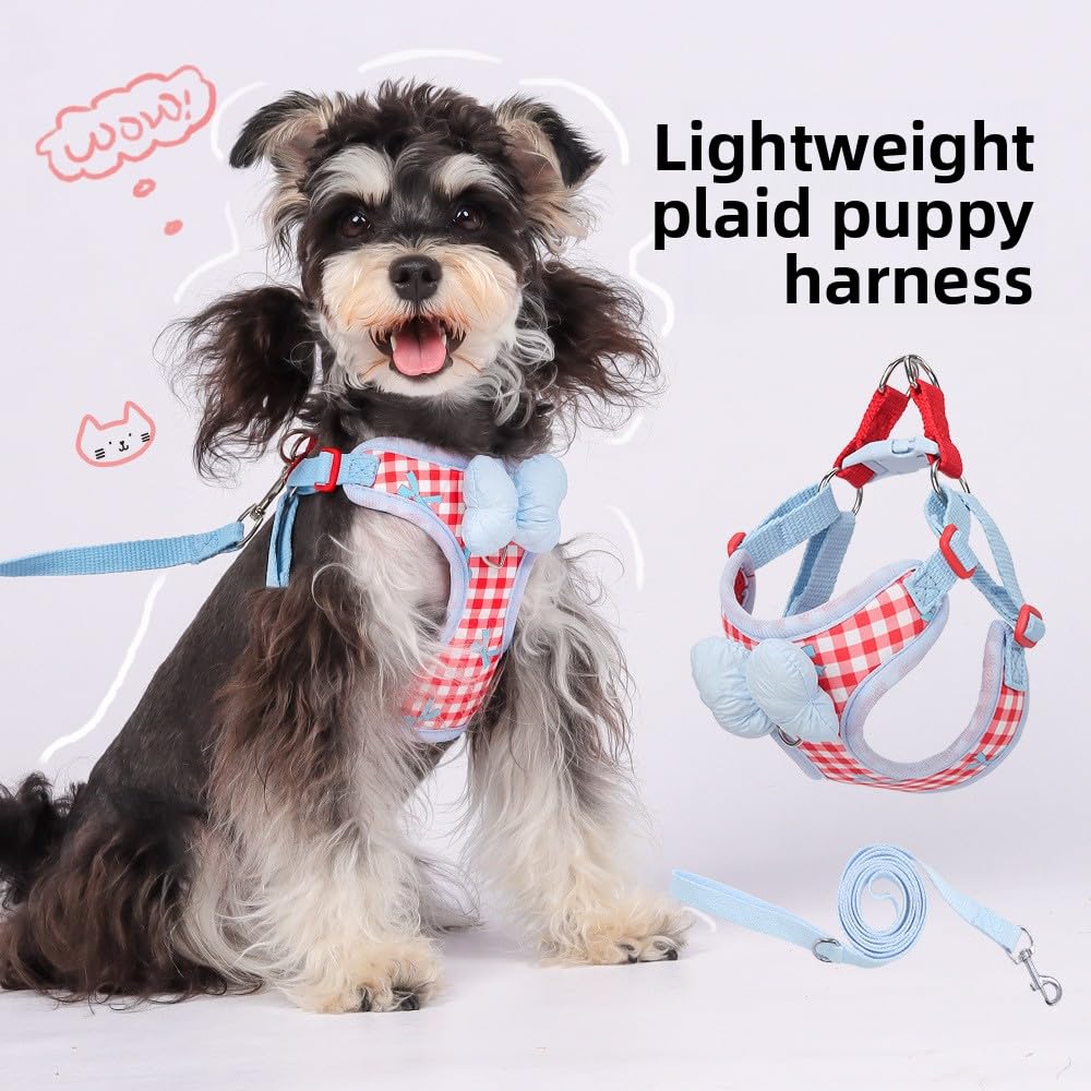 Keatsy Step-In Dog Harness with Leash, Bowknot Plaid Chest Harness, Breathable Mesh Vest Style Pet Harness for Small Dogs - Image 2