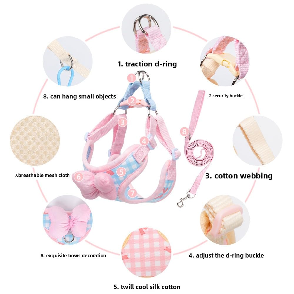 Keatsy Step-In Dog Harness with Leash, Bowknot Plaid Chest Harness, Breathable Mesh Vest Style Pet Harness for Small Dogs - Image 4