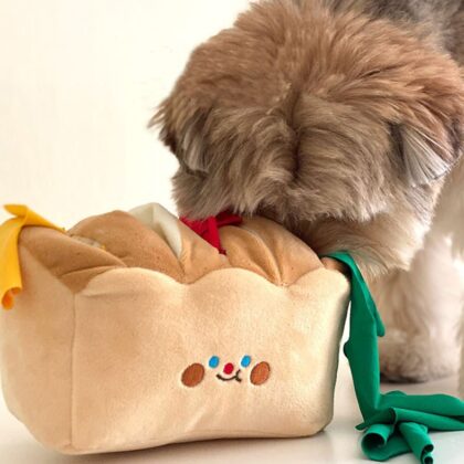 Pet Hidden Food Plush Toy Bread Toast Smell Hidden Food Interactive Toy with Ring Paper Sound Pull to relieve boredom