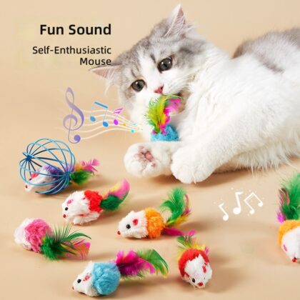 Cat Toy Simulation Plush Mouse Colorful Feather Rustling Cat Self-Hi Interactive Pet Supplies