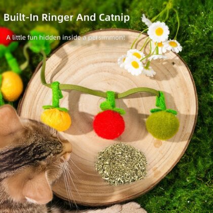 Catnip Toy String with Small Persimmons and Tomatoes, Cat Teaser Stick with Bell, Cat Toy Boredom Buster