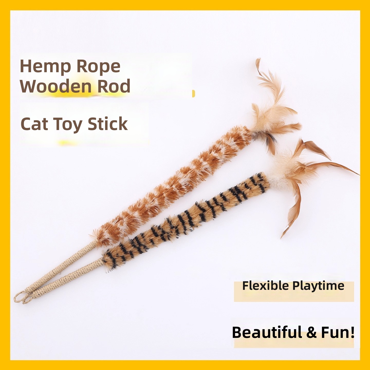 Feather Duster, Cat Teaser Wand, Cat Toy, Natural Hemp Rope, Wooden Stick with Bell, Cat Scratching Toy, Cat Teething Stick