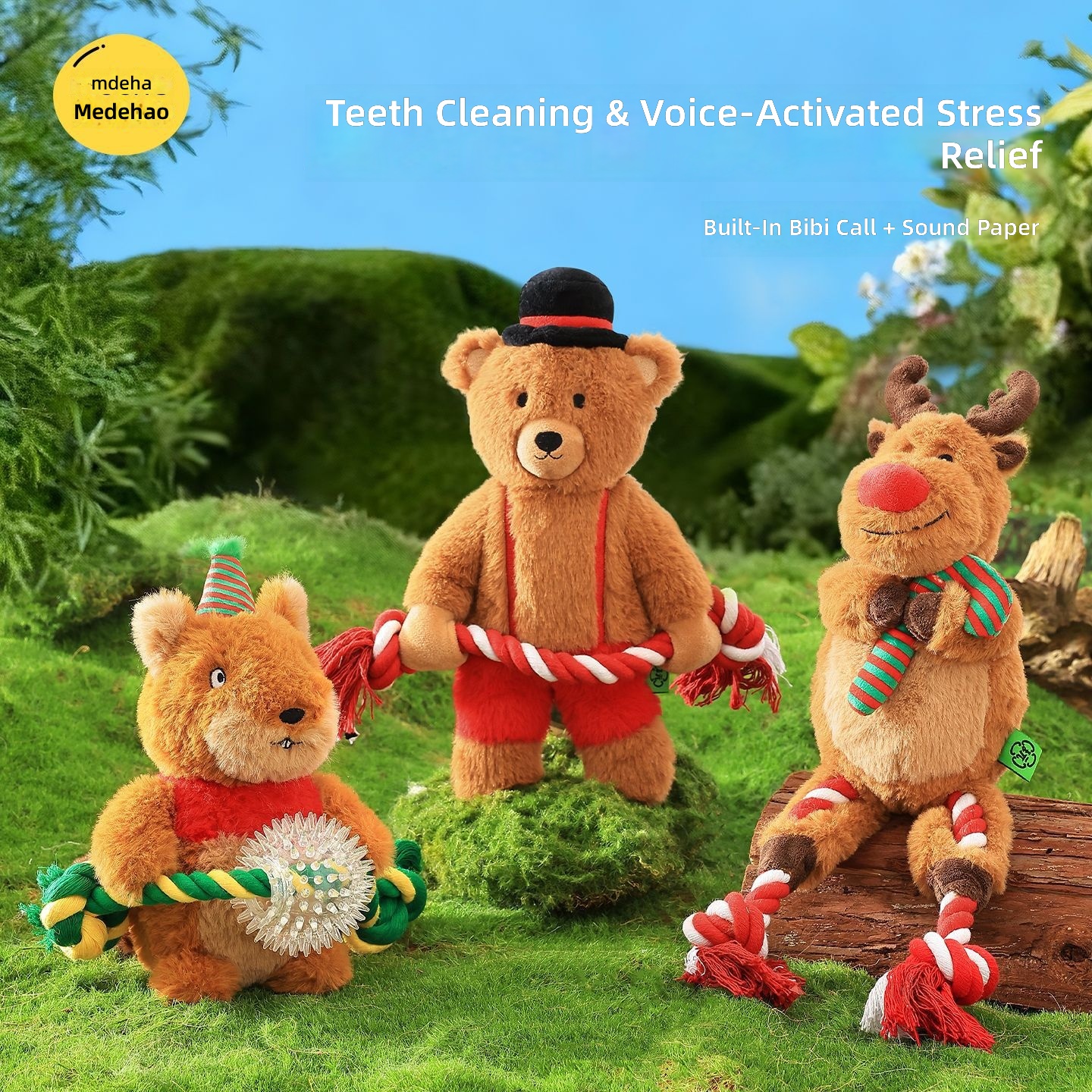 Premium Christmas Toy Small Squirrel and Reindeer Shaped Dog Toy Teething Rope Knot Plush Sound-Making Pet Toy