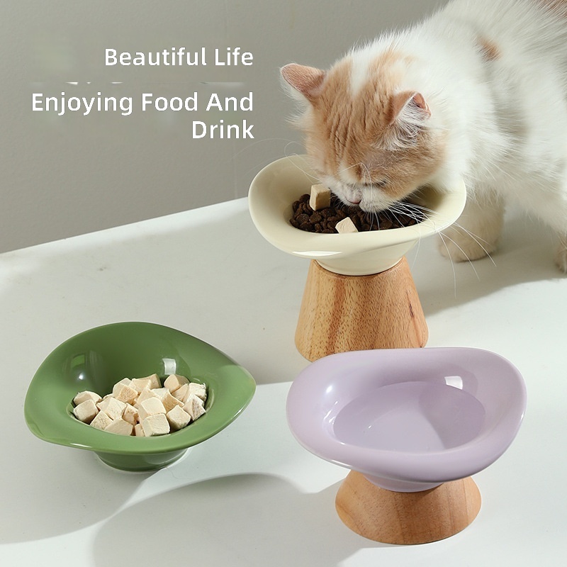 New Cat Tall Wooden Seat Ceramic Bowl to Protect Cervical Spinee, Dog Bowl, Dog Rice Bowl, Cat Food Bowl, Anti-Knock Drinking Bowl