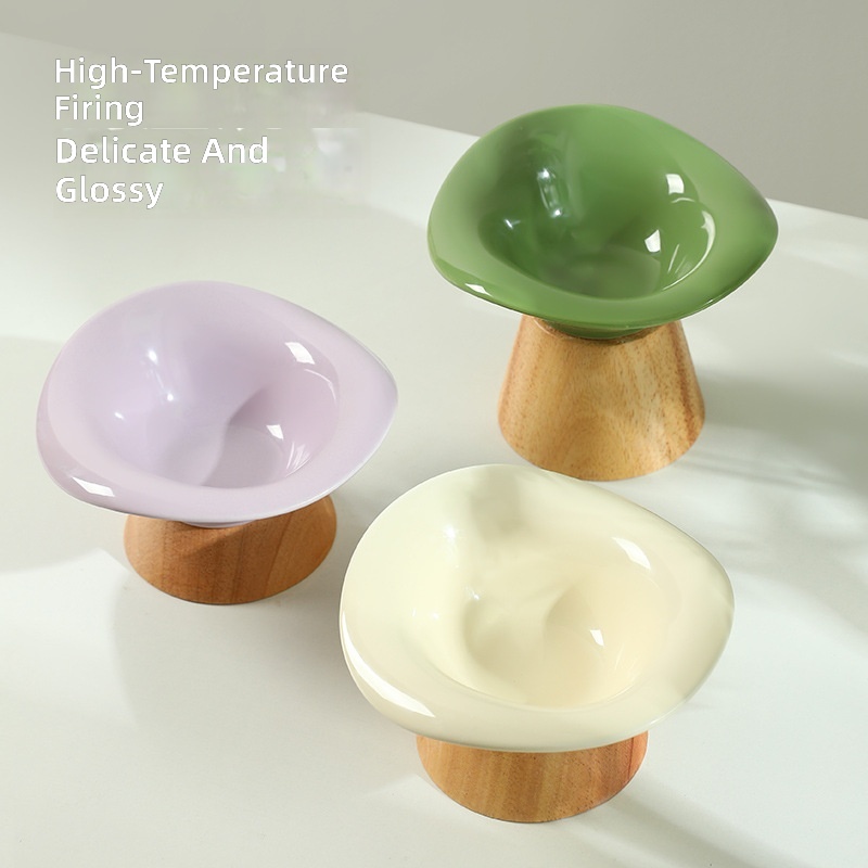 New Cat Tall Wooden Seat Ceramic Bowl to Protect Cervical Spinee, Dog Bowl, Dog Rice Bowl, Cat Food Bowl, Anti-Knock Drinking Bowl - Image 3