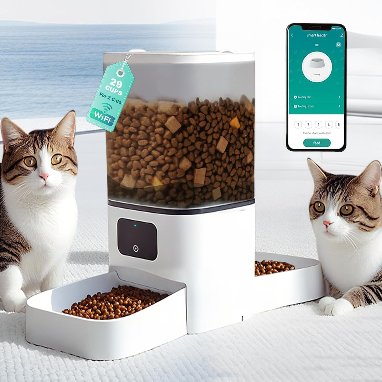 Amazon New Pet Dual-Bowl Automatic Feeder Cat and Dog Food Dispenser Smart Dog Bowl
